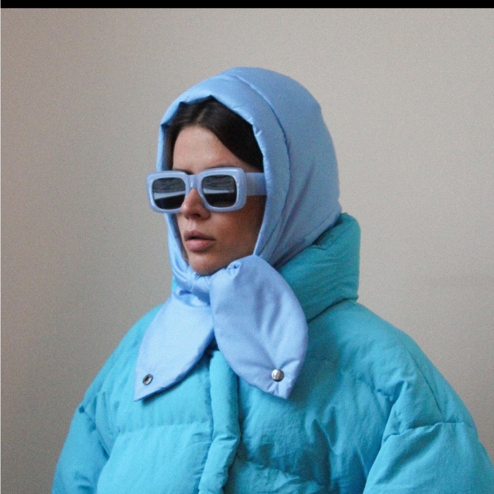 Baby Blue pillow puffer headscarf hood balaclava